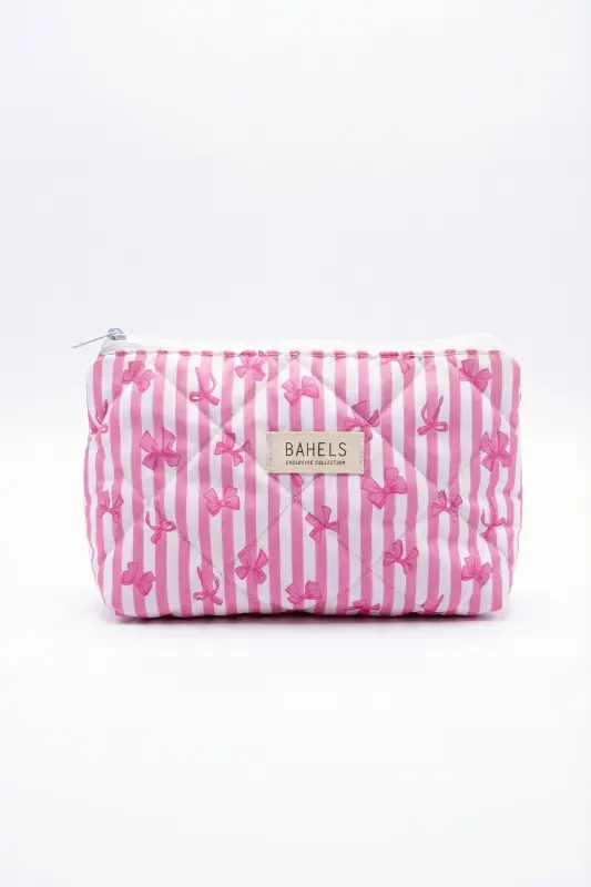 Lyla Çizgili Pembe Fiyonk Makyaj Çantası-Pembe32 - BAHELS