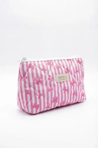 Lyla Çizgili Pembe Fiyonk Makyaj Çantası-Pembe32 - BAHELS (1)