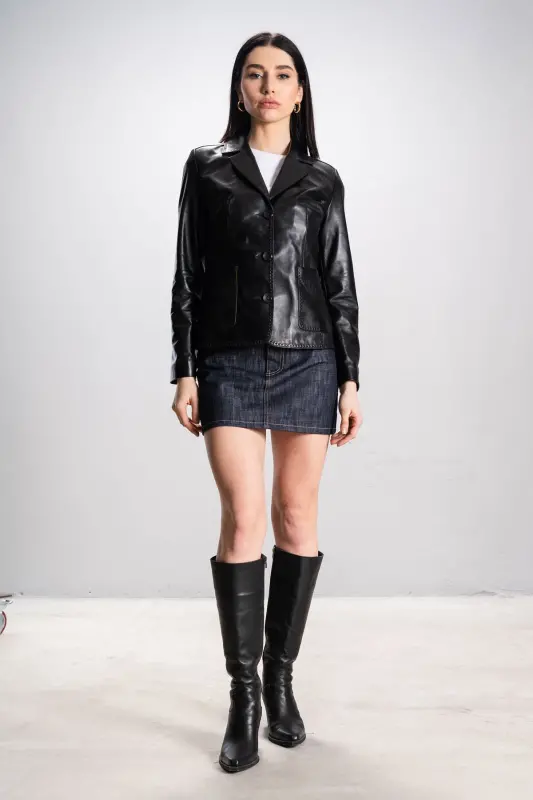 Lyon Kadın Üç Düğmeli Torba Cepli Hakiki Deri Blazer Ceket Siyah-Siyah - 6