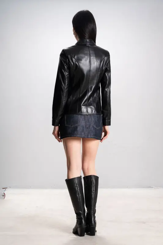 Lyon Kadın Üç Düğmeli Torba Cepli Hakiki Deri Blazer Ceket Siyah-Siyah - 8