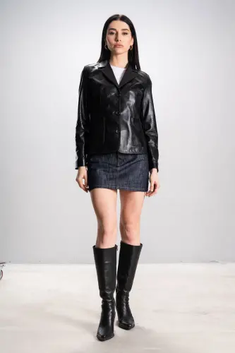 Lyon Kadın Üç Düğmeli Torba Cepli Hakiki Deri Blazer Ceket Siyah-Siyah - 6