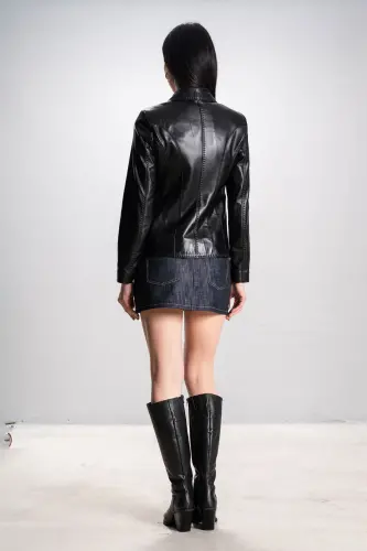 Lyon Kadın Üç Düğmeli Torba Cepli Hakiki Deri Blazer Ceket Siyah-Siyah - 8