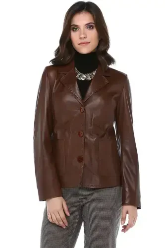 Lyon Women's Three Button Flap Pocket Genuine Leather Blazer Jacket Camel Antique-CAMEL ANTIQUE - 1