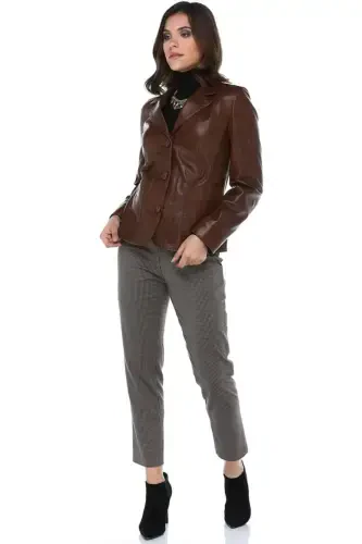 Lyon Women's Three Button Flap Pocket Genuine Leather Blazer Jacket Camel Antique-CAMEL ANTIQUE - Modazone (1)