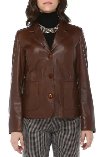 Lyon Women's Three Button Flap Pocket Genuine Leather Blazer Jacket Camel Antique-CAMEL ANTIQUE - 3