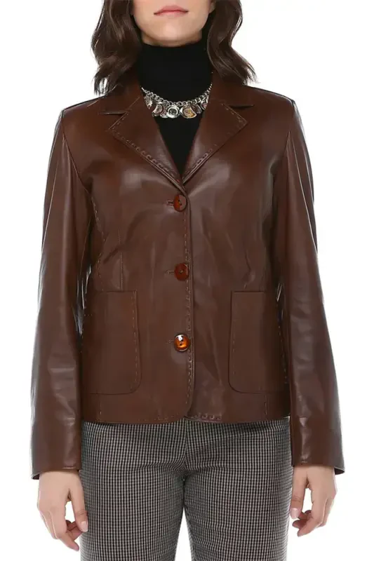 Lyon Women's Three Button Flap Pocket Genuine Leather Blazer Jacket Camel Antique-CAMEL ANTIQUE - 3