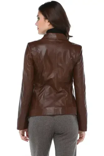 Lyon Women's Three Button Flap Pocket Genuine Leather Blazer Jacket Camel Antique-CAMEL ANTIQUE - 6