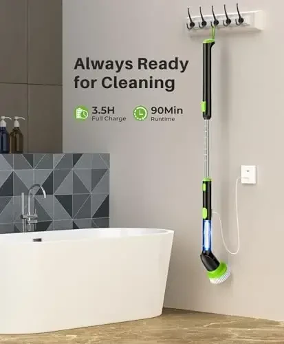 LyriFine Electric Spin Scrubber, 2024 New Full-Body IPX7 Waterproof Bathroom Cleaner Brush, Shower Scrubber with Long Handle & 2 Speed, Heads Replacement, Cleaning Supplies for Tub Shower Tile Floor - 6