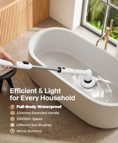 LyriFine Electric Spin Scrubber, New Full-Body IPX7 Waterproof Bathroom Cleaner Brush, Shower Scrubber with Long Handle & 2 Speed, Heads Replacement, Cleaning Supplies for Tub Shower Tile Floor 