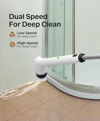 LyriFine Electric Spin Scrubber, новая водонепроницаемая (IPX7) щетка для чистки ванной комнаты для всего тела, душевая щетка с длинной ручкой и 2 скоростями, сменные насадки, принадлежности для чистки ванны, душа, плитки, пола. - 4