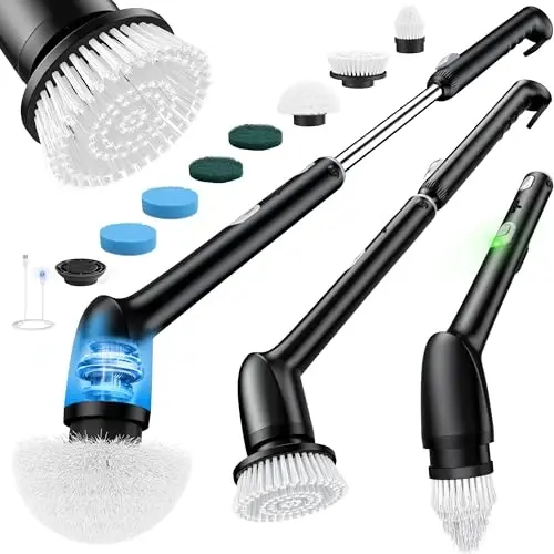 LyriFine Electric Spin Scrubber, Yangi To'liq Korpusli IPX7 Suv o'tkazmaydigan Hammom Tozalash Cho'tkasi, Uzun Tutqichli va 2 Tezlikli Dush Cho'tkasi, Boshlarni Almashtirish, Vanna Dush Plitka Zamin uchun Tozalash Vositalari - LYRIFINE