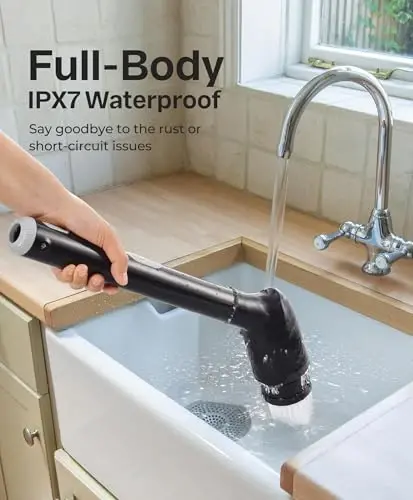 LyriFine Electric Spin Scrubber, Yangi To'liq Korpusli IPX7 Suv o'tkazmaydigan Hammom Tozalash Cho'tkasi, Uzun Tutqichli va 2 Tezlikli Dush Cho'tkasi, Boshlarni Almashtirish, Vanna Dush Plitka Zamin uchun Tozalash Vositalari - 3