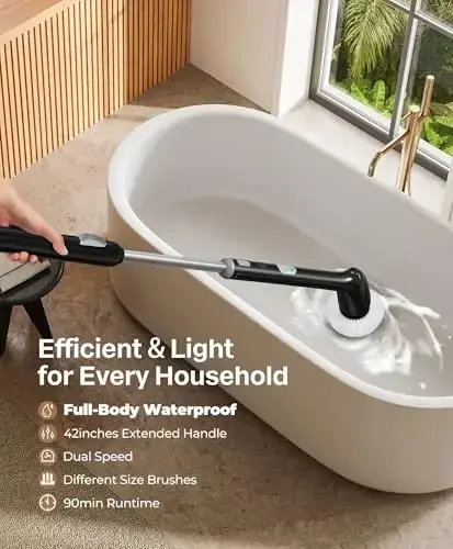 LyriFine Electric Spin Scrubber, Yangi To'liq Korpusli IPX7 Suv o'tkazmaydigan Hammom Tozalash Cho'tkasi, Uzun Tutqichli va 2 Tezlikli Dush Cho'tkasi, Boshlarni Almashtirish, Vanna Dush Plitka Zamin uchun Tozalash Vositalari - 2