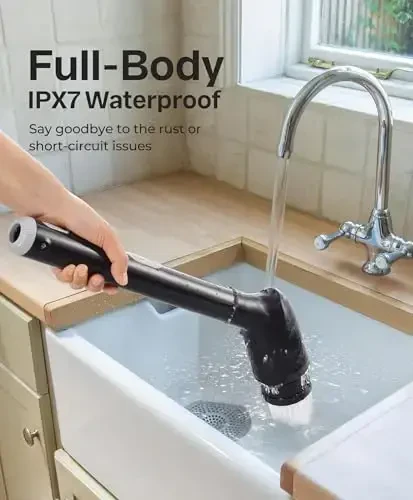 LyriFine Electric Spin Scrubber, Yangi To'liq Korpusli IPX7 Suv o'tkazmaydigan Hammom Tozalash Cho'tkasi, Uzun Tutqichli va 2 Tezlikli Dush Cho'tkasi, Boshlarni Almashtirish, Vanna Dush Plitka Zamin uchun Tozalash Vositalari - 3