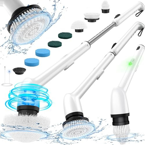 LyriFine Electric Spin Scrubber, yangi to'liq tanali IPX7 suv o'tkazmaydigan hammom tozalovchi cho'tkasi, uzun tutqichli va 2 tezlikli dush cho'tkasi, boshchalarni almashtirish, vanna, dush, plitka va pol uchun tozalash vositalari. - LyriFine