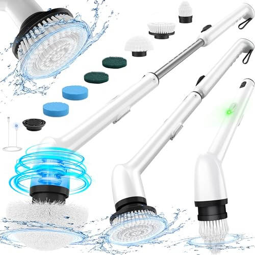 LyriFine Electric Spin Scrubber, yangi to'liq tanali IPX7 suv o'tkazmaydigan hammom tozalovchi cho'tkasi, uzun tutqichli va 2 tezlikli dush cho'tkasi, boshchalarni almashtirish, vanna, dush, plitka va pol uchun tozalash vositalari. - 1