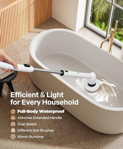 LyriFine Electric Spin Scrubber, yangi to'liq tanali IPX7 suv o'tkazmaydigan hammom tozalovchi cho'tkasi, uzun tutqichli va 2 tezlikli dush cho'tkasi, boshchalarni almashtirish, vanna, dush, plitka va pol uchun tozalash vositalari. - 2