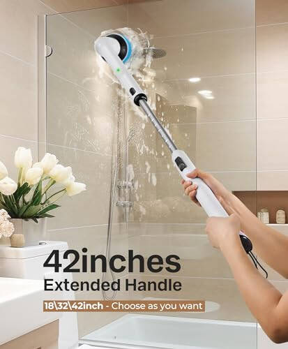 LyriFine Electric Spin Scrubber, yangi to'liq tanali IPX7 suv o'tkazmaydigan hammom tozalovchi cho'tkasi, uzun tutqichli va 2 tezlikli dush cho'tkasi, boshchalarni almashtirish, vanna, dush, plitka va pol uchun tozalash vositalari. - 5