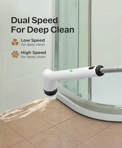 LyriFine Electric Spin Scrubber, yangi to'liq tanali IPX7 suv o'tkazmaydigan hammom tozalovchi cho'tkasi, uzun tutqichli va 2 tezlikli dush cho'tkasi, boshchalarni almashtirish, vanna, dush, plitka va pol uchun tozalash vositalari. - 4