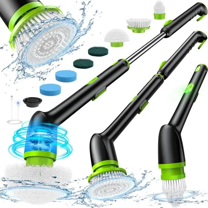LyriFine Electric Spin Scrubber, 2024 New Full-Body IPX7 Waterproof Bathroom Cleaner Brush, Shower Scrubber with Long Handle & 2 Speed, Heads Replacement, Cleaning Supplies for Tub Shower Tile Floor - LYRIFINE
