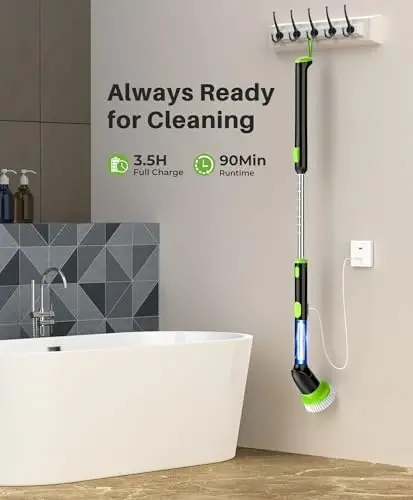 LyriFine Electric Spin Scrubber, 2024 New Full-Body IPX7 Waterproof Bathroom Cleaner Brush, Shower Scrubber with Long Handle & 2 Speed, Heads Replacement, Cleaning Supplies for Tub Shower Tile Floor - 6