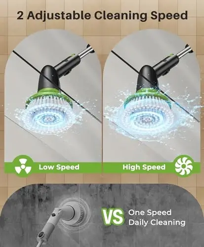 LyriFine Electric Spin Scrubber, 2024 New Full-Body IPX7 Waterproof Bathroom Cleaner Brush, Shower Scrubber with Long Handle & 2 Speed, Heads Replacement, Cleaning Supplies for Tub Shower Tile Floor - 5