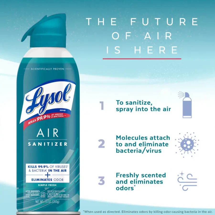 Lysol® Air Sanitizer Spray, For Air Sanitization and Odor Elimination, Simple Fresh Scent, 10 Fuid ounces - 4