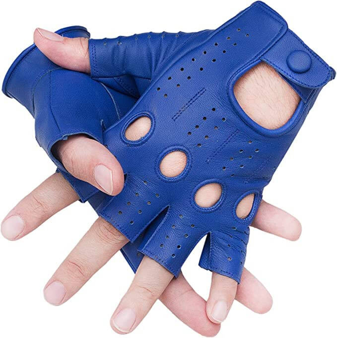 LYXPEIJIAN Men's Genuine Sheep Leather Half Finger Driving Cycling Motorbike Exercise and Fitness Fingerless Unlined Gloves, Blue - 1