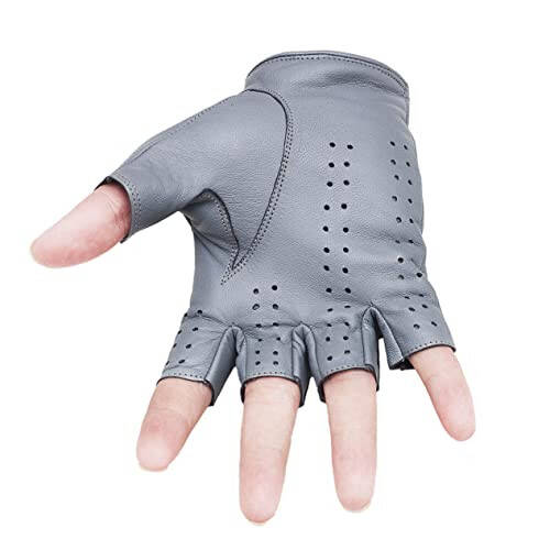 LYXPEIJIAN Men's Genuine Sheep Leather Half Finger Driving Cycling Motorbike Exercise and Fitness Fingerless Unlined Gloves, Grey - 3