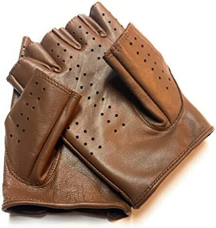 LYXPEIJIAN Men's Genuine Sheep Leather Half Finger Driving Cycling Motorbike Exercise and Fitness Fingerless Unlined Gloves, Large, Brown - 2