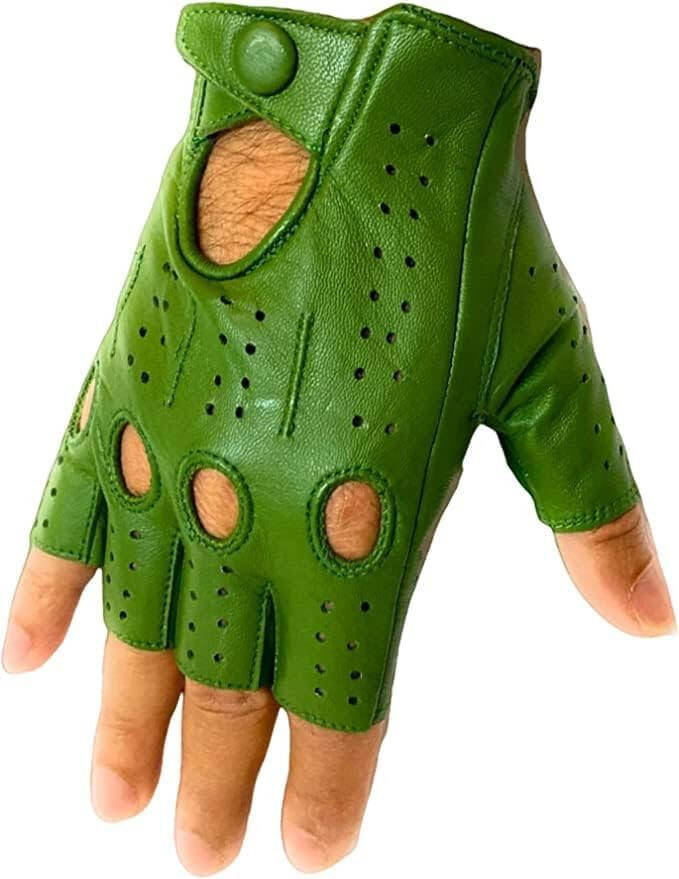 LYXPEIJIAN Men's Genuine Sheep Leather Half Finger Driving Cycling Motorbike Exercise and Fitness Fingerless Unlined Gloves, Small, Light Green - 1