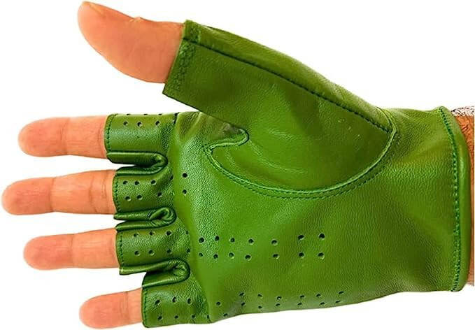 LYXPEIJIAN Men's Genuine Sheep Leather Half Finger Driving Cycling Motorbike Exercise and Fitness Fingerless Unlined Gloves, Small, Light Green - 2