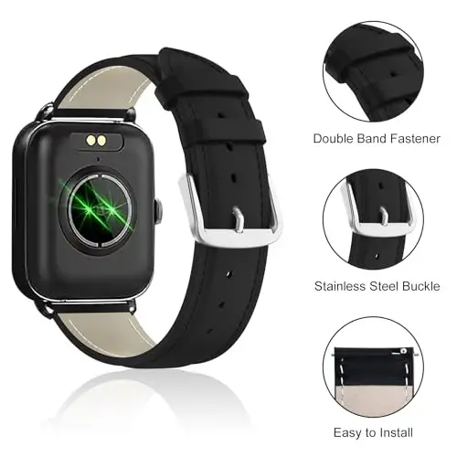 Lzwldan Leather Watch Bands Compatible with Woneligo/Fitpolo Smart Watch IDW13,Soft Genuine Leather Replacement Wristband for FITVII H56/TOOBUR/Tensky/ENOMIR/MILOUZ IDW19 Watch for Women Men - LZWLDAN (1)