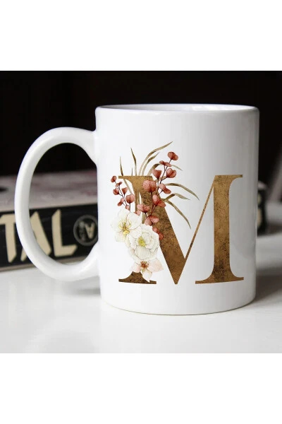 M Initial Coffee Mug - Coffee / Tea Mug with Floral Detail M Letter Print - HEDIYESEPETI