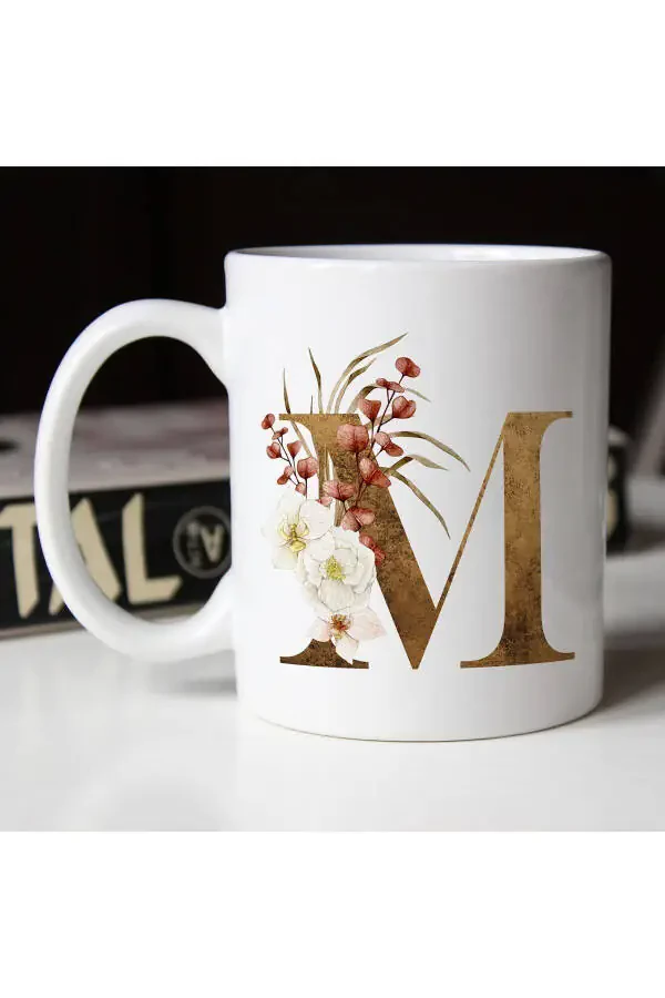 M Initial Coffee Mug - Coffee / Tea Mug with Floral Detail M Letter Print - 1