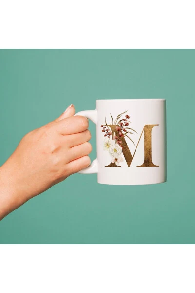 M Initial Coffee Mug - Coffee / Tea Mug with Floral Detail M Letter Print - 3