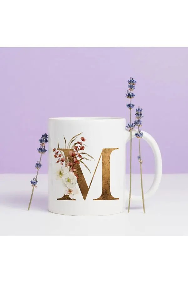 M Initial Coffee Mug - Coffee / Tea Mug with Floral Detail M Letter Print - 4