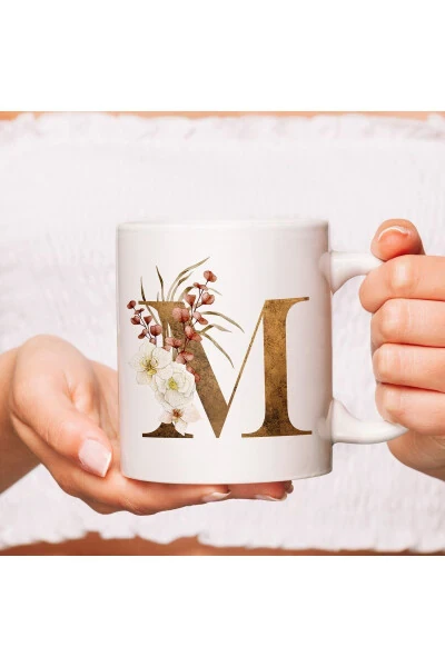M Initial Coffee Mug - Coffee / Tea Mug with Floral Detail M Letter Print - 5