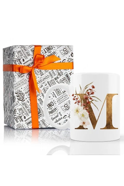 M Initial Coffee Mug - Coffee / Tea Mug with Floral Detail M Letter Print - 6