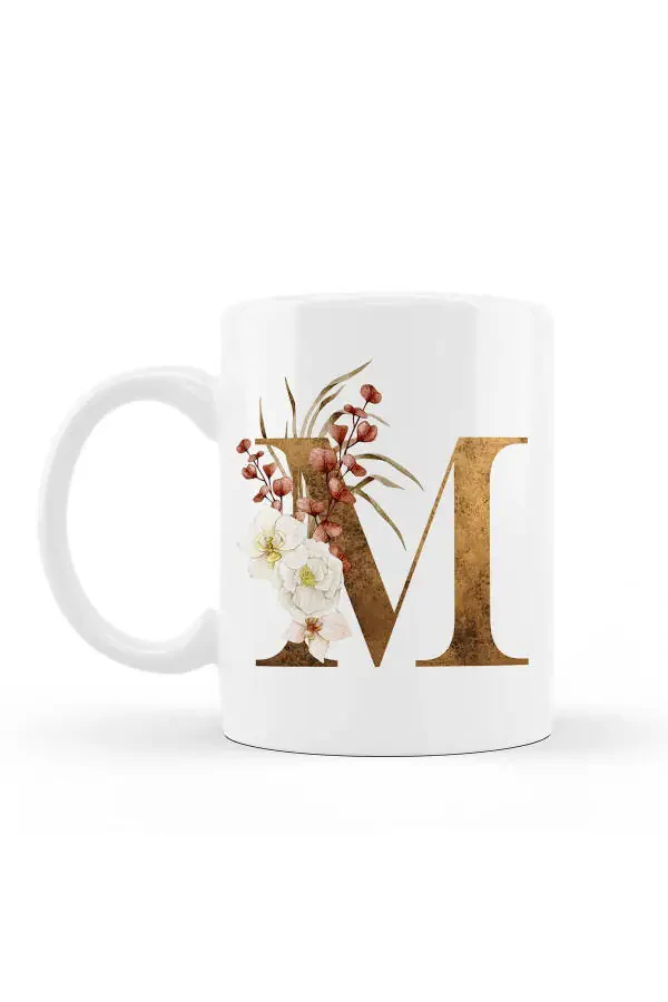 M Initial Coffee Mug - Coffee / Tea Mug with Floral Detail M Letter Print - 7