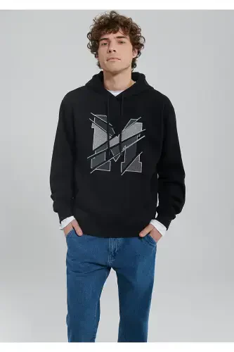 M Logo Baskılı Kapüşonlu Siyah Sweatshirt 0S10106-900 - Mavi (1)