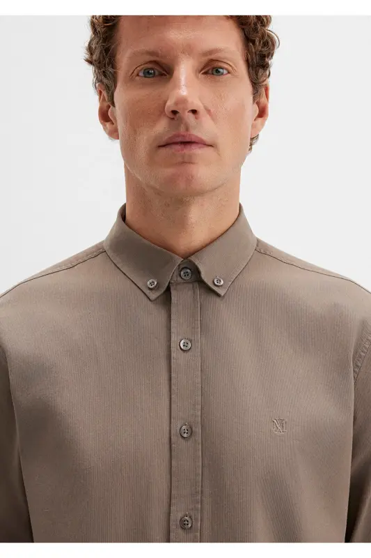 M Logo Nakışlı Kahverengi Gömlek Slim Fit / Dar Kesim 0211192-83866-Kahverengi - 6