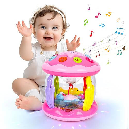 M SANMERSEN Baby Toys 6-12 Months - Babies Ocean Projector Light Up Musical Toys for 12-18 Months Crawling Learning Tummy Time 1 2 Years Old Infant Boys Girls Gifts - Pink and Purple - 2