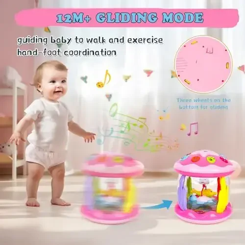 M SANMERSEN Baby Girl Toys 6-12 Months - Babies Ocean Rotating Projector Light Up Musical Toys for 12-18 Months Crawling Learning Tummy Time 1 2 Years Old Infant Boys Girls Gifts - Pink - 3