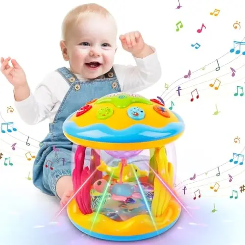 M SANMERSEN Baby Boys Toys 12 Months, Babies Ocean Rotating Lights Up Musical Toys for 12-18 Months Newborn Infant Crawling Tummy Time Toys 1 2 3 Baby Birthday Blue - M