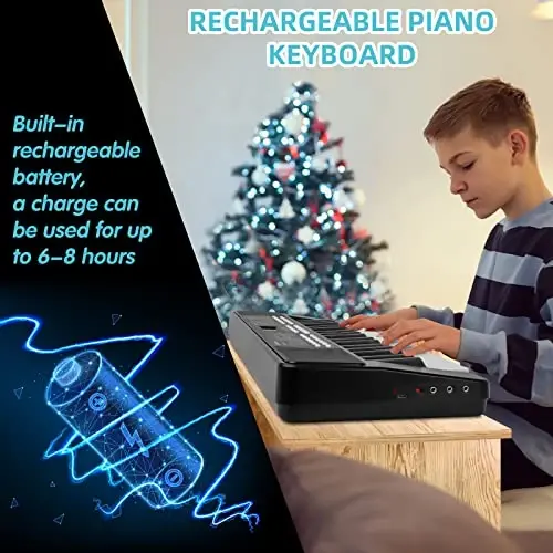 M SANMERSEN Piano Keyboard for Beginners, 37 Keys Built-in 1200mA Rechargeable Battery Electronic Piano Keyboard Portable Music Piano Keyboard with Mic LED Screen Teaching Gift for Beginners, Black - 4