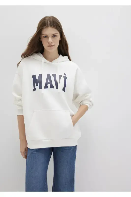 M1600361-81964-Fw Ko'k Logo Kaputli Svitshot Buzilgan Ayollar Svitshoti - MAVI