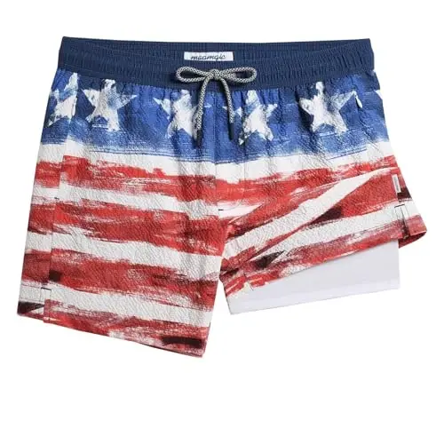 maamgic Men's Swim Trunks 5.5 inch Seersucker 2 in 1 Beach Shorts Quick Dry Bathing Suits with Compression Liner 