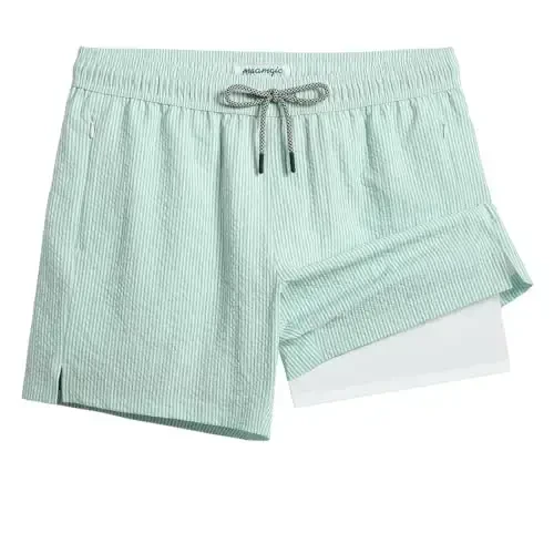maamgic Men's Swim Trunks 5.5 inch Seersucker 2 in 1 Beach Shorts Quick Dry Bathing Suits with Compression Liner - MODAZONE