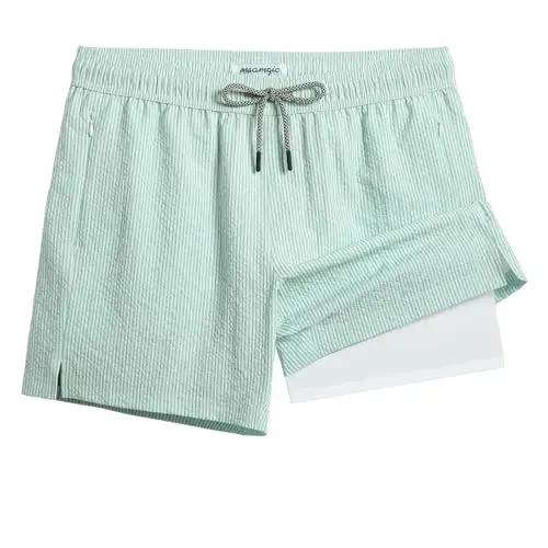 maamgic Men's Swim Trunks 5.5 inch Seersucker 2 in 1 Beach Shorts Quick Dry Bathing Suits with Compression Liner 